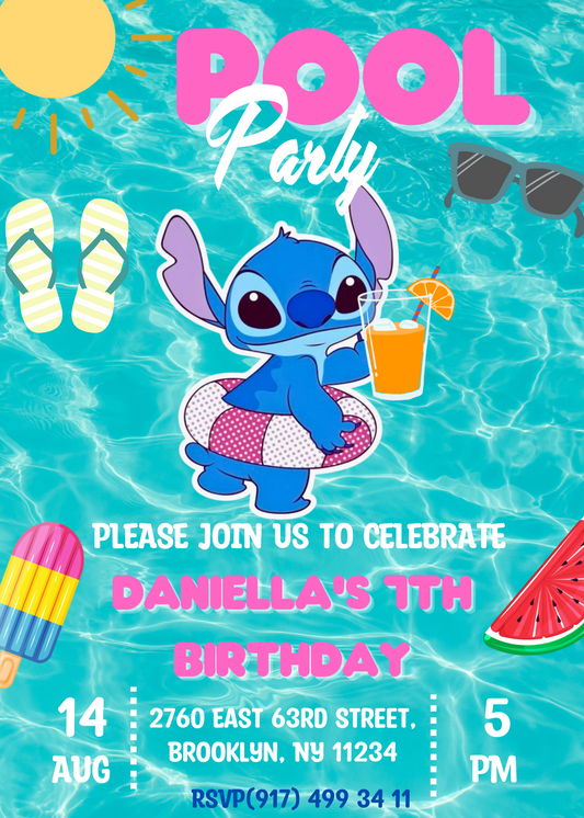 Stitch Pool Birthday Party Invitation and Thank You Card Set | Lilo & Stitch Celebration Theme