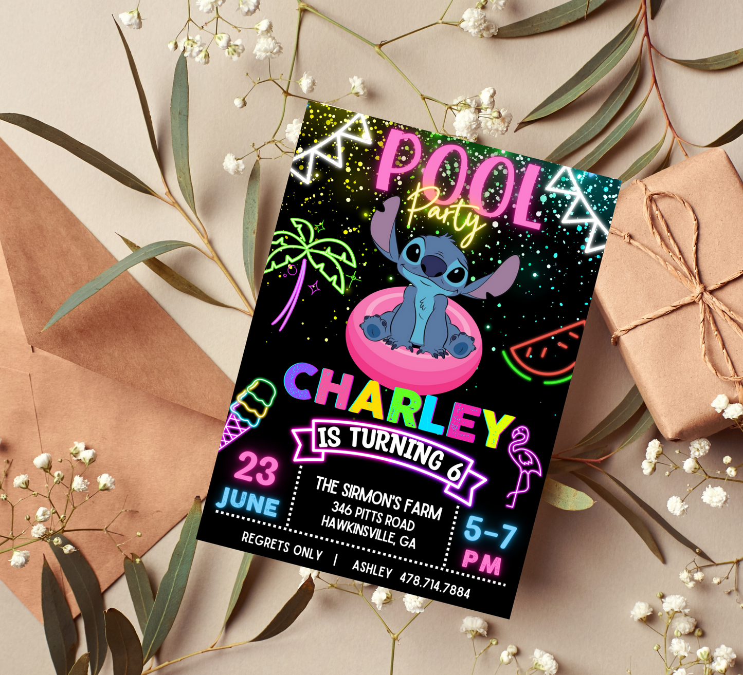 Stitch Neon Pool Birthday Invitation | Vibrant Tropical Celebration Theme