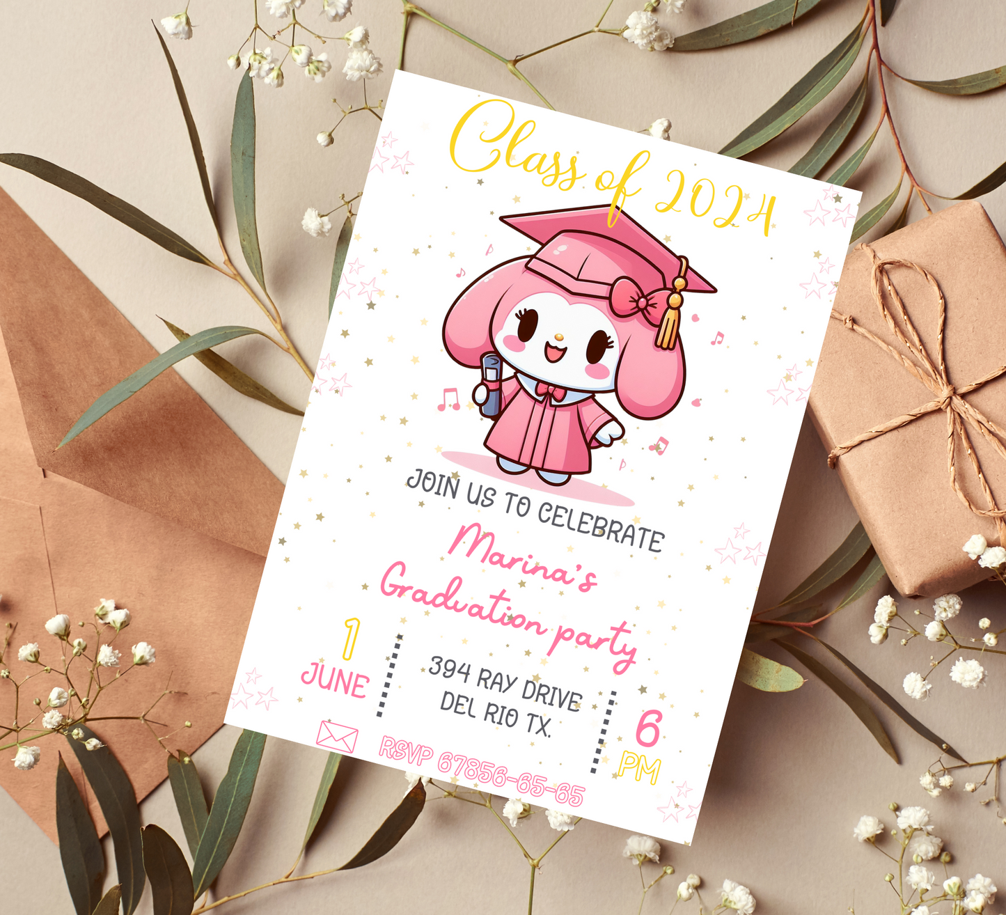 y Melody Graduation Invitation: Kawaii Graduation Party Invite for Your Special Celebration!