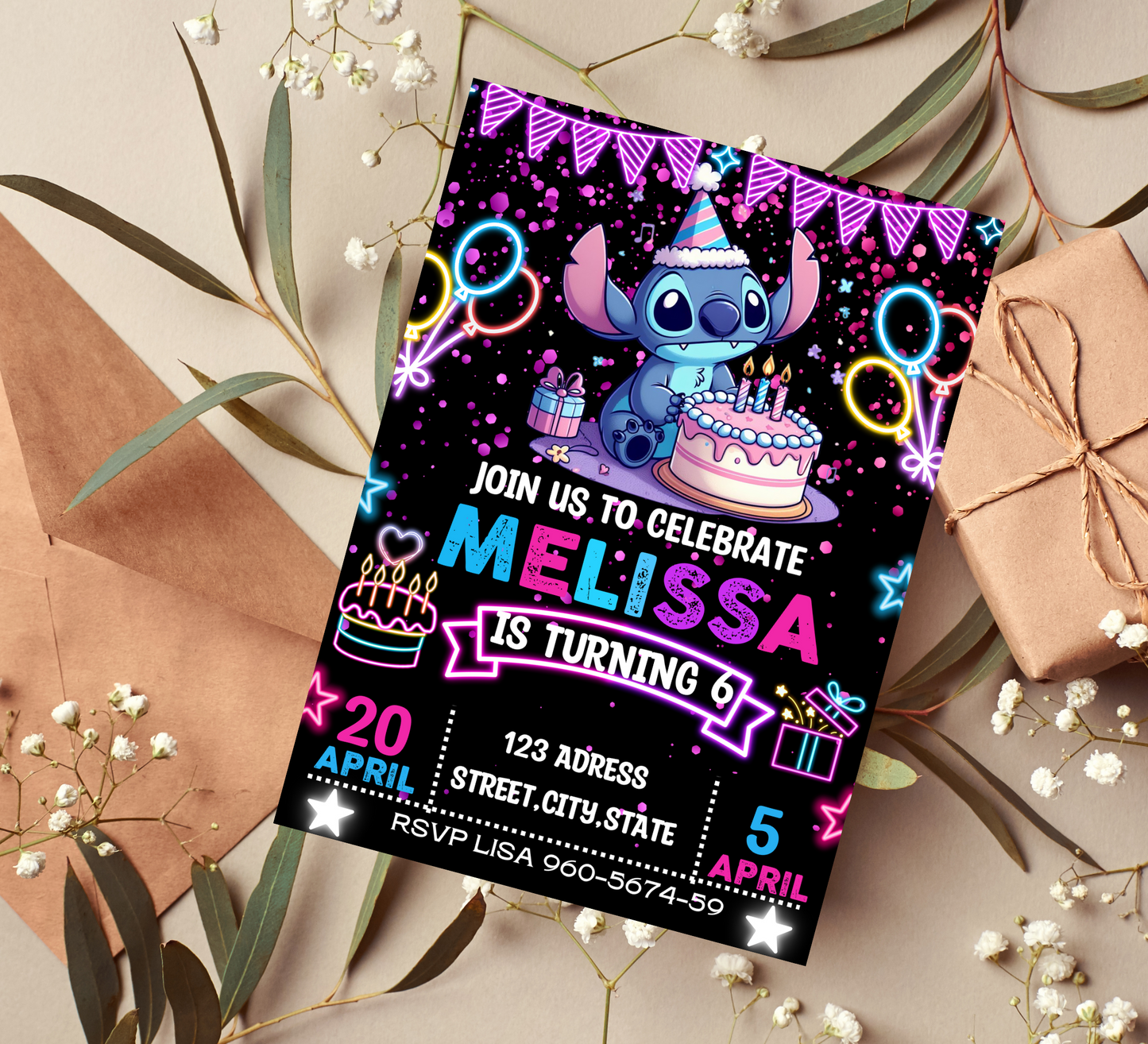 Stitch Neon Glow Birthday Invitation | Lilo & Stitch Party Invite | Customizable Digital Template