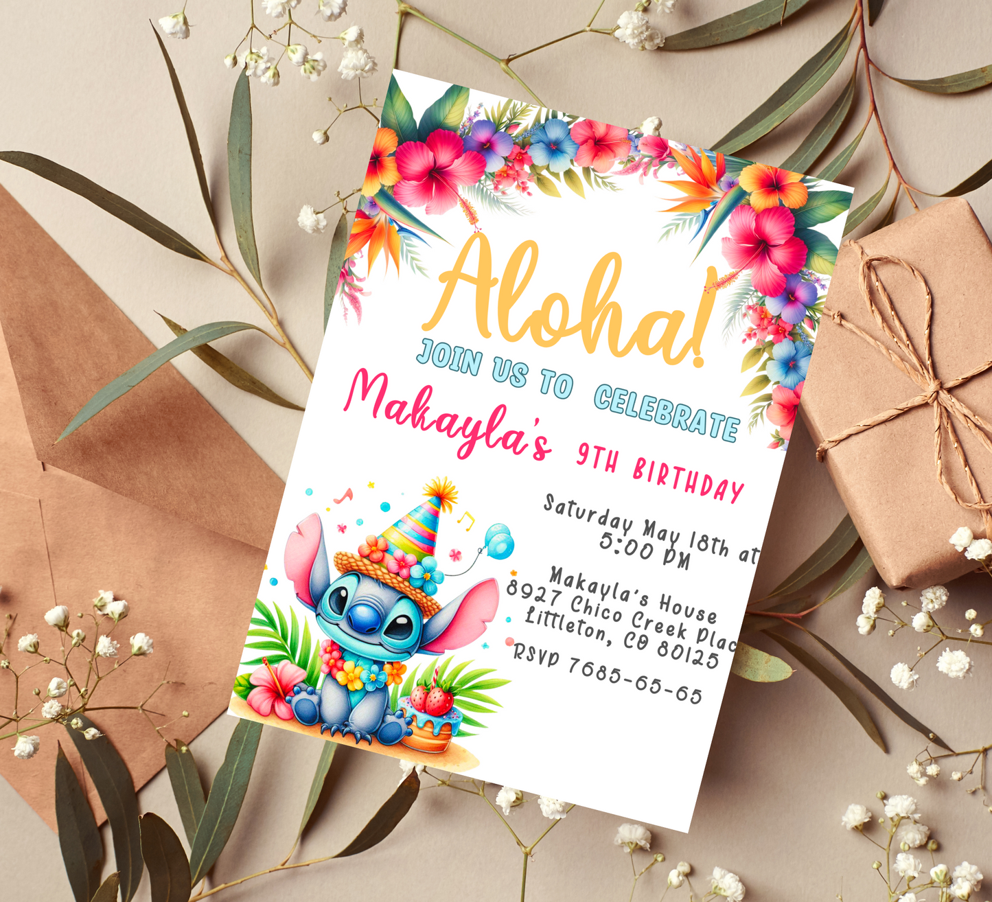 Aloha Ohana Stitch Tropical Hawaiian Birthday Invitation - Editable Digital Download"