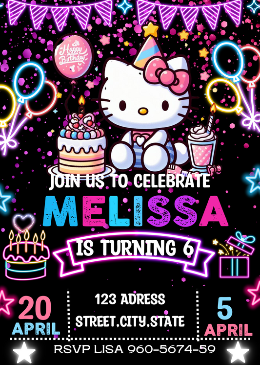 Hello Kitty Neon Glow Birthday Invitation | Kawaii Glitter Invitation | Pink Kitty Party Invite