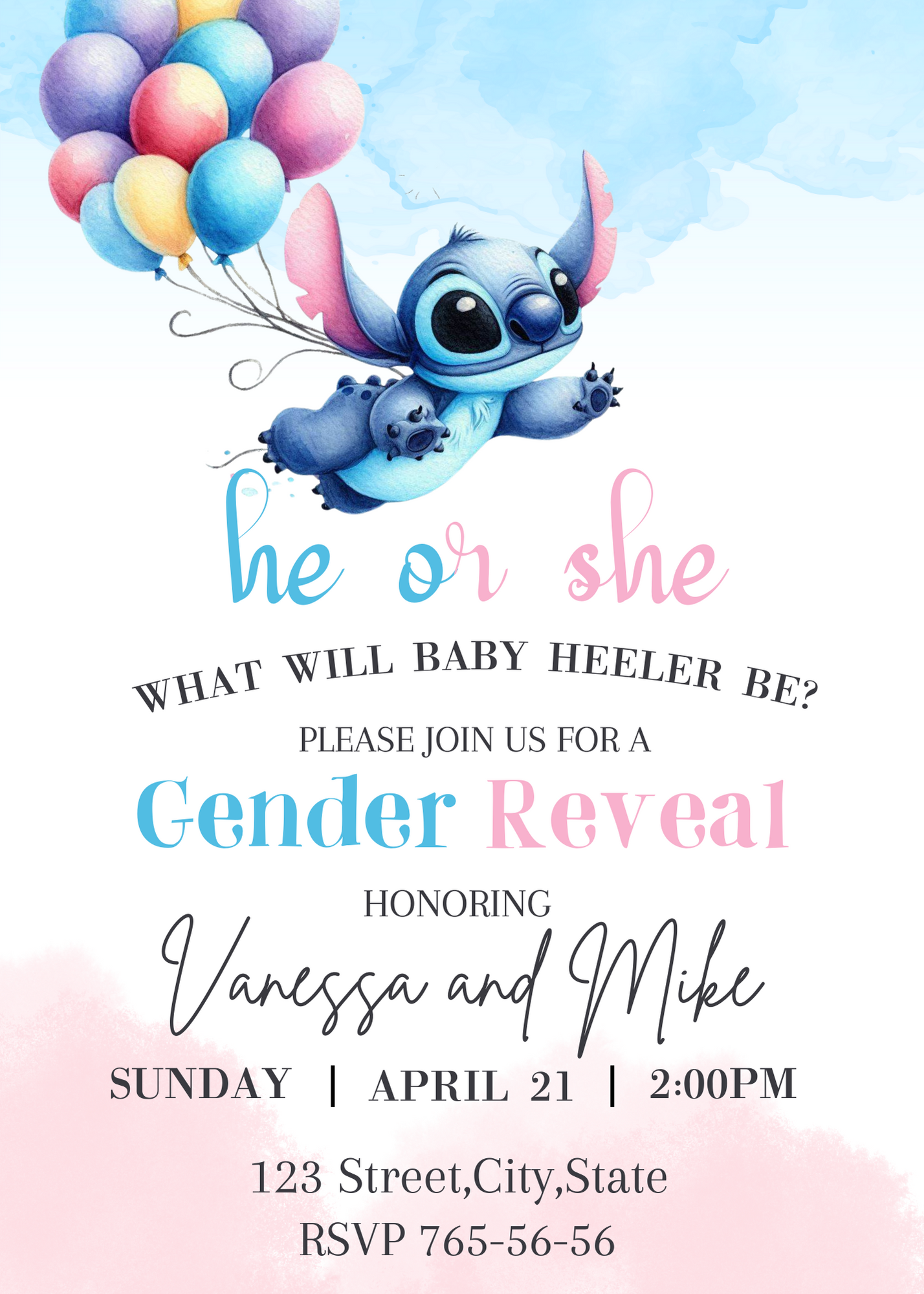 Stitch Watercolor Gender Reveal Invitation | Tropical Ohana Theme