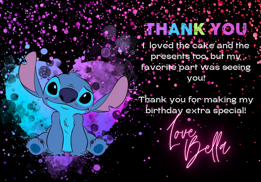 Stitch Neon Birthday Thank You Card | Lilo & Stitch Party Appreciation Note