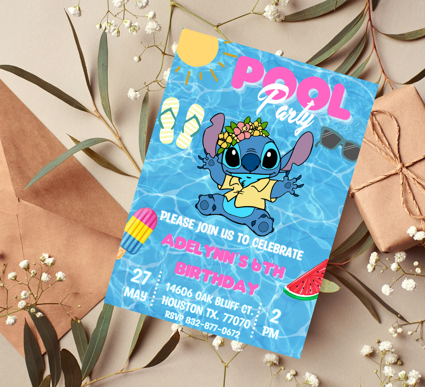 Stitch Pool Neon Hawaiian Birthday Invitation with Thank You Card Set | Tropical Celebration Duo