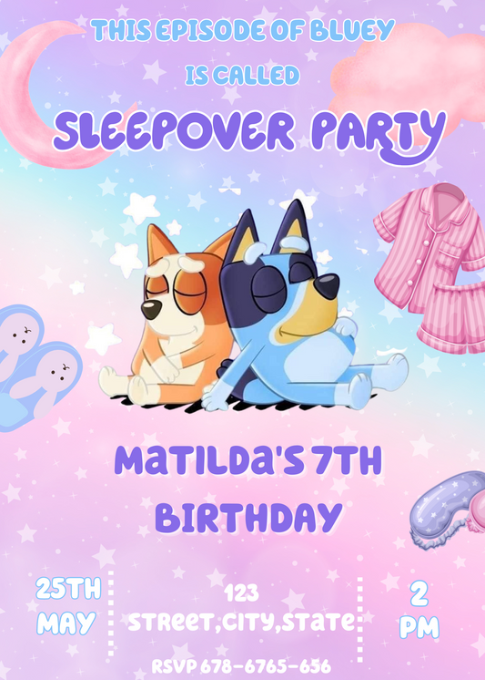 Bluey Sleepover Birthday Invitation: Bingo's Slumber Party Fun | Editable DIY Printable Template