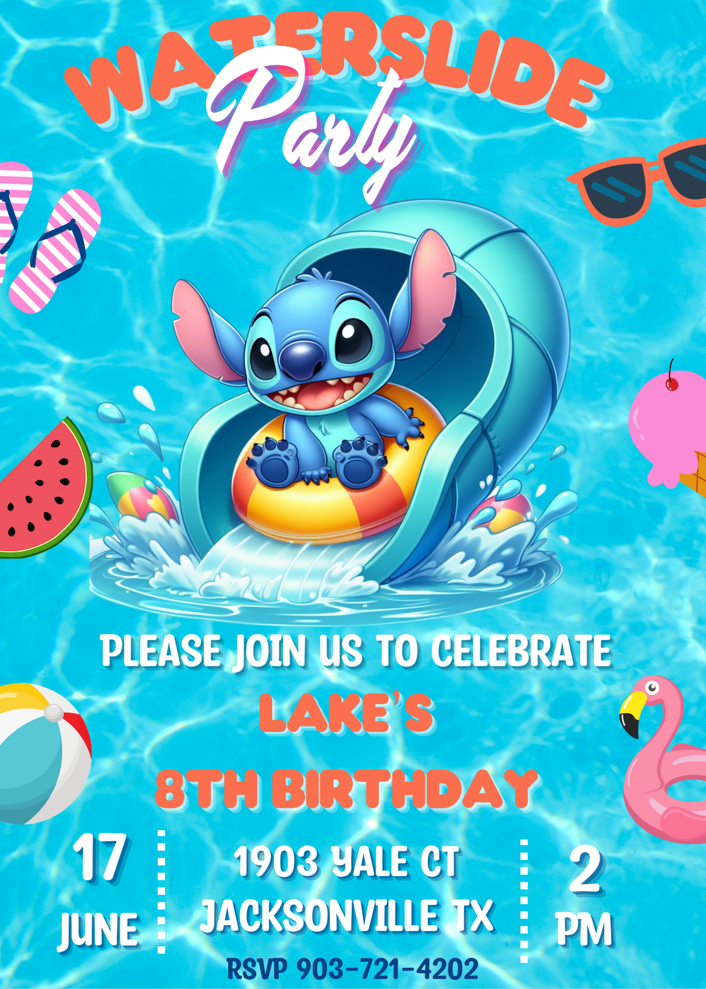 Stitch Pool Waterslide Birthday Invitation | Splash Party Fun | Customizable Digital Invite