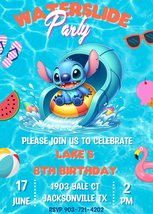 Stitch Pool Waterslide Birthday Invitation | Splash Party Fun | Customizable Digital Invite