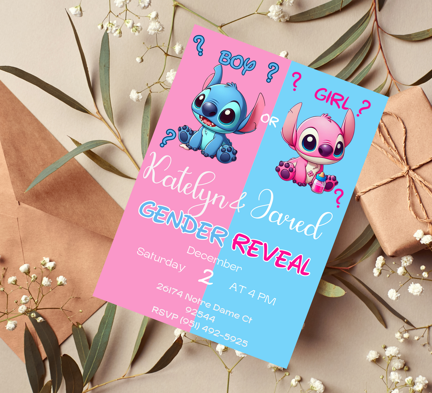 Stitch Gender Reveal Invitation: Pink and Blue Delight!"