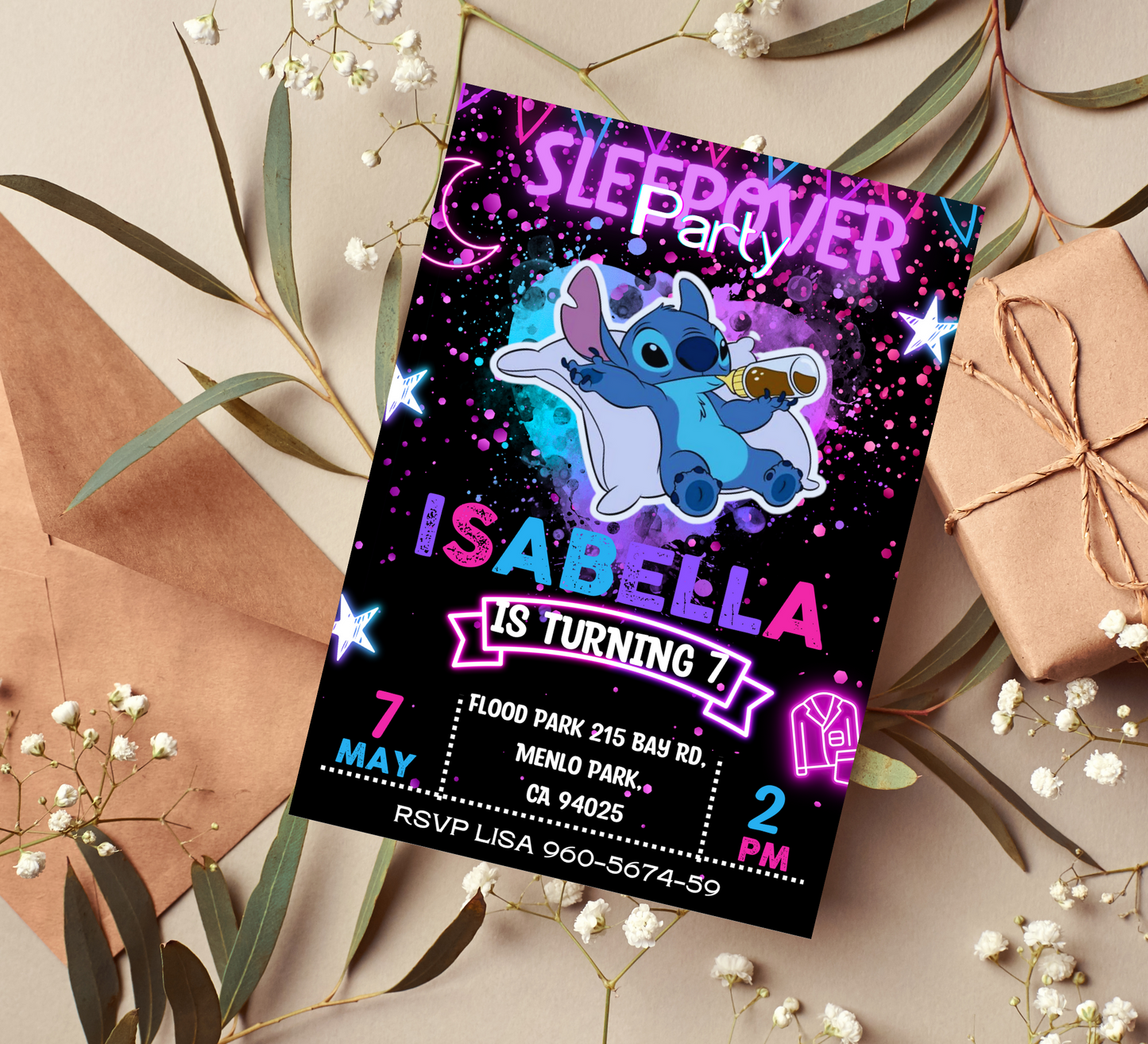 Stitch Neon Sleepover Birthday Invitation | Lilo & Stitch Party Invite | Vibrant Celebration Theme