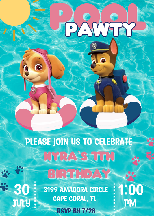 "Paw Patrol Pool Party Invitation: Skye, Chase, and Friends Splash into Fun Birthday Celebration!