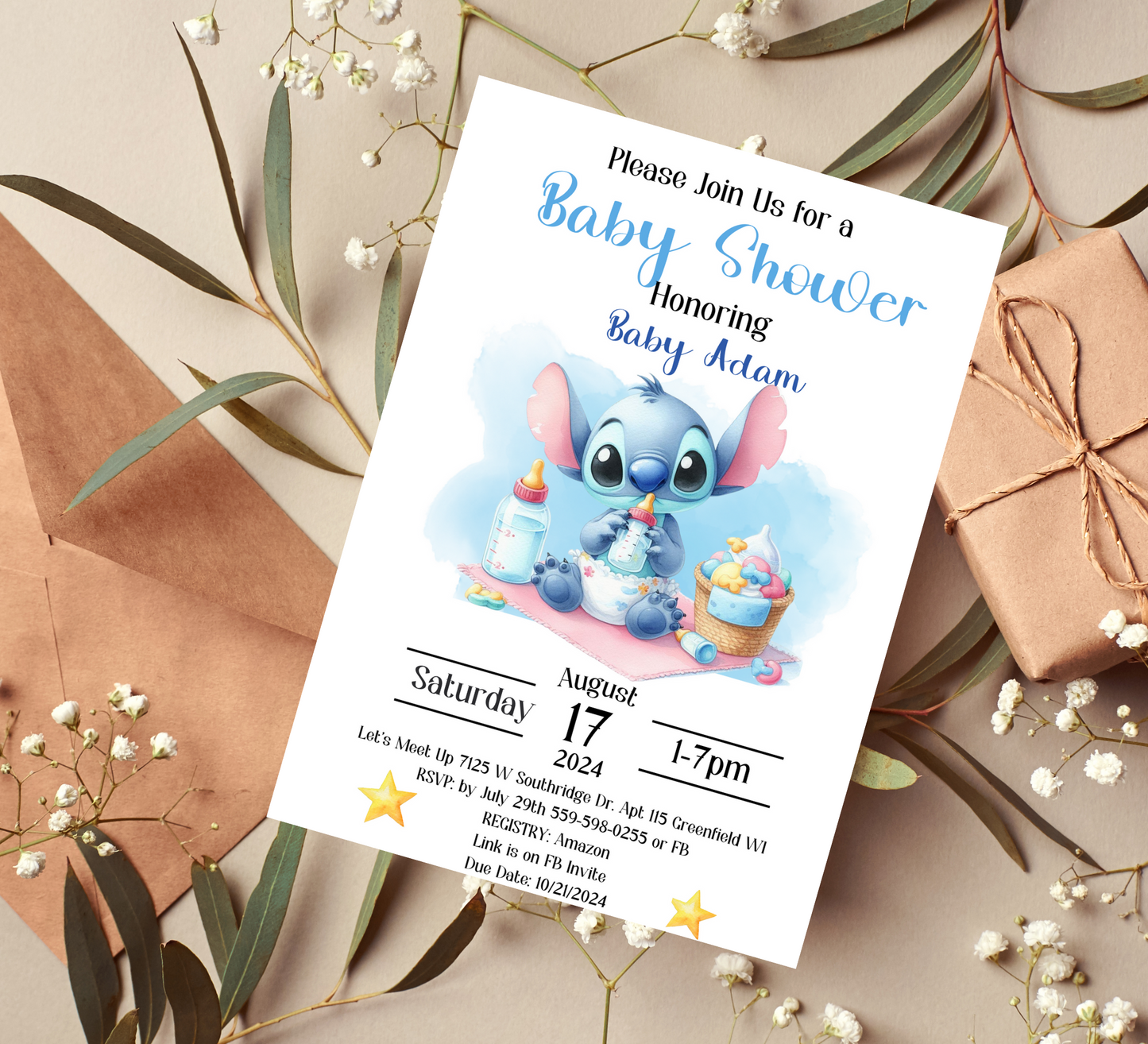 Stitch Watercolor Blue Baby Shower Invitation | Printable Canva Template