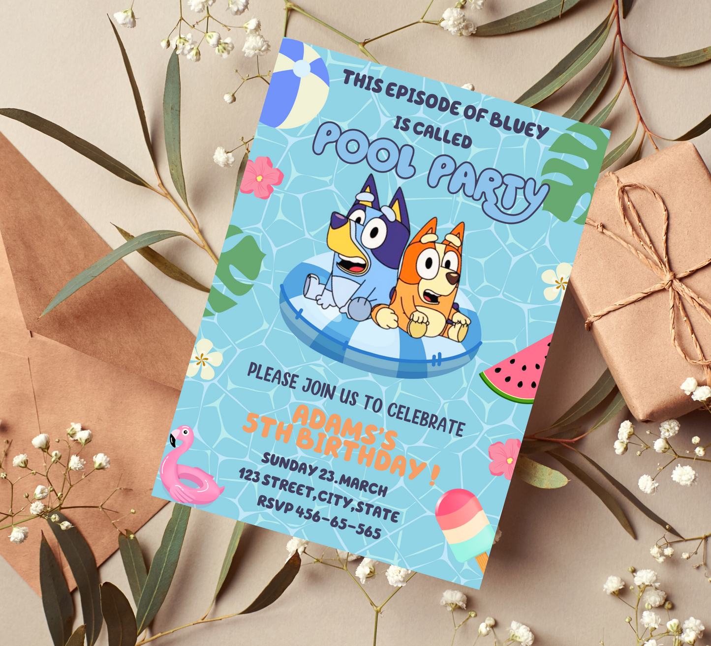 Bluey and Bingo Pool Party Birthday Invitation in Two Colors - Customizable Kids Invite