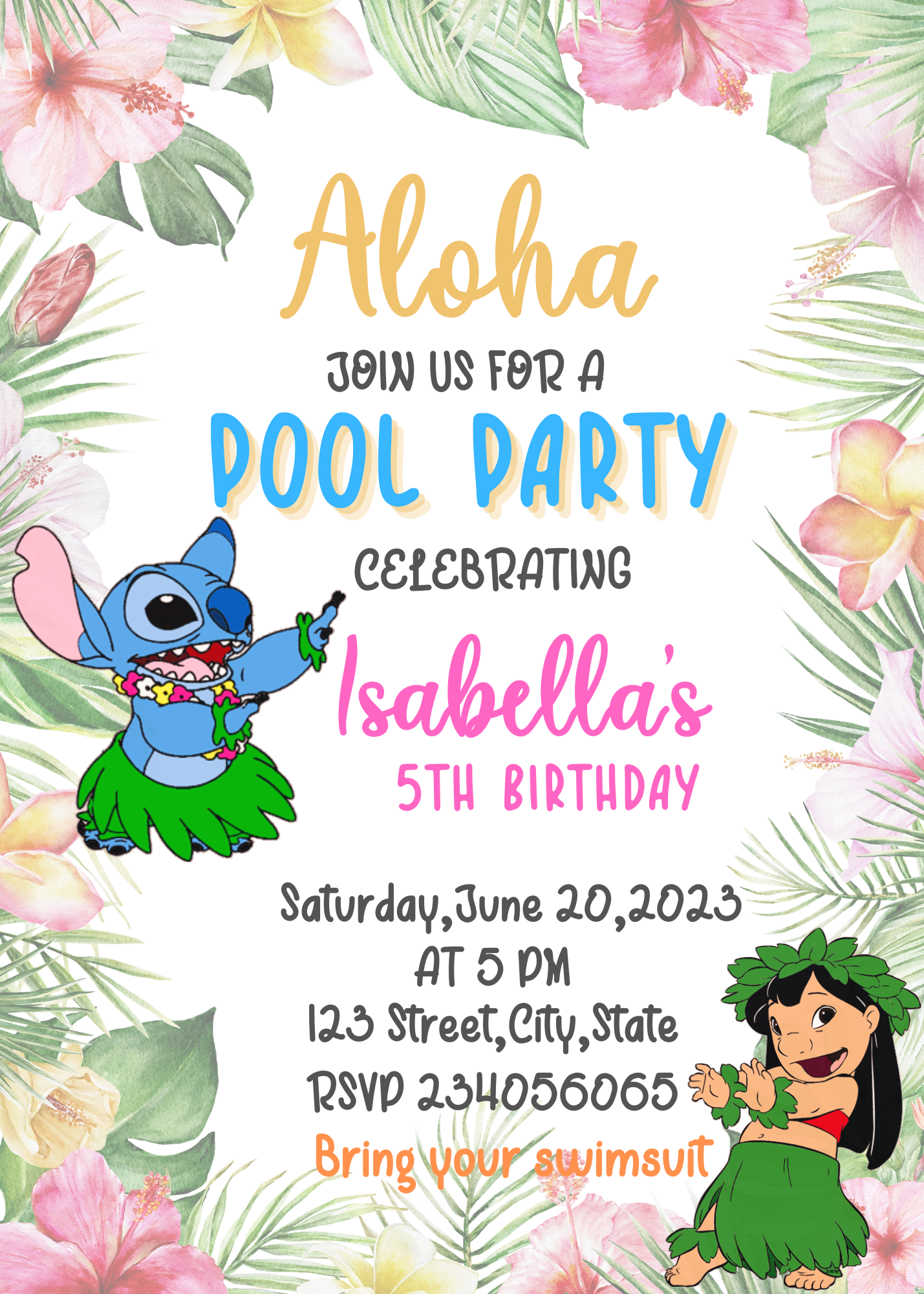 Aloha Stitch & Lilo Pool Party Birthday Invitation: Hawaiian Tropical Celebration with Stitch, Lilo, and Friends Under the Sun