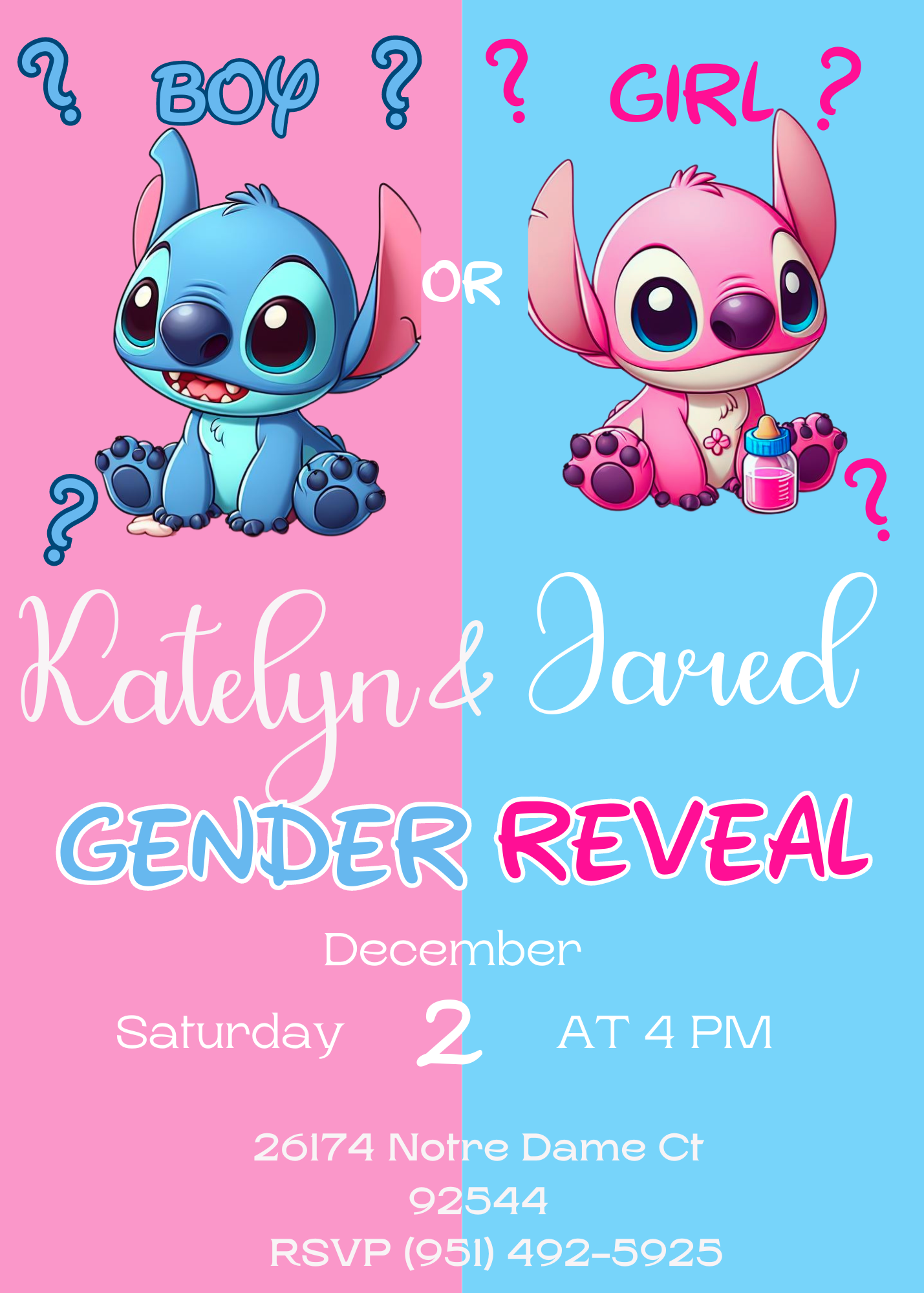 Stitch Gender Reveal Invitation: Pink and Blue Delight!"