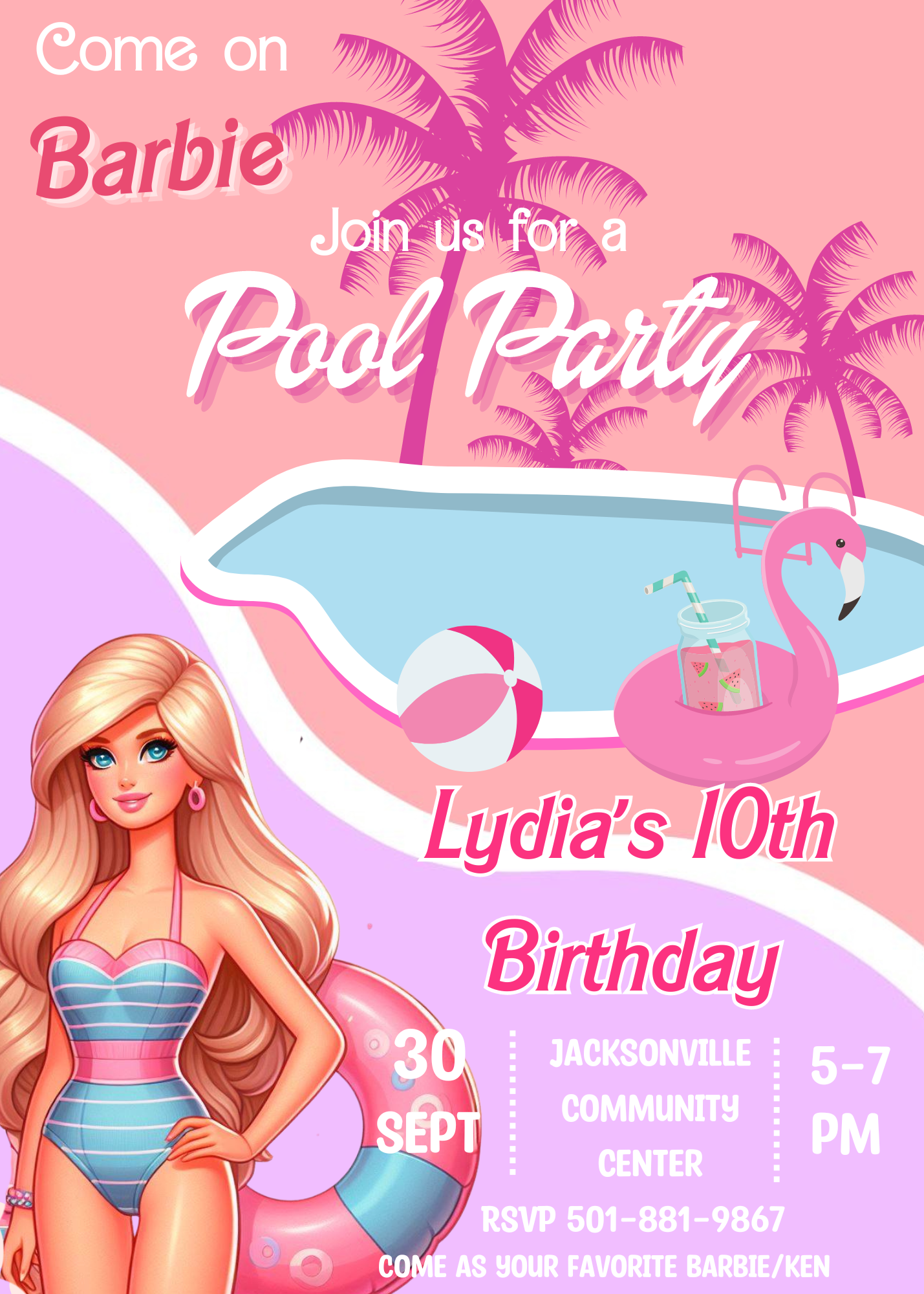 Barbie Pool PartyBirthday  Invitation: Come On Barbie, Let's Party by the Pool