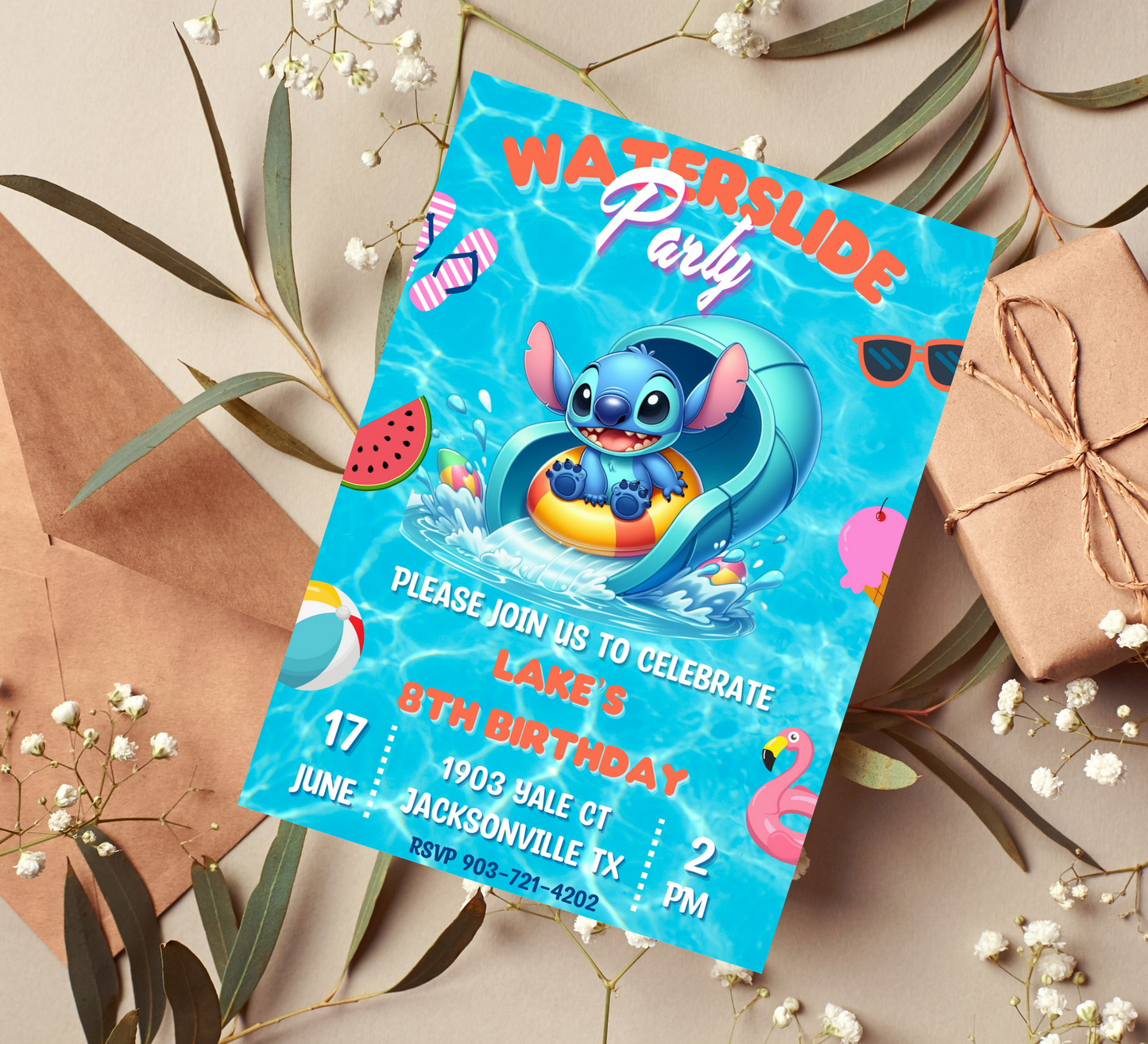 Stitch Pool Waterslide Birthday Invitation | Splash Party Fun | Customizable Digital Invite