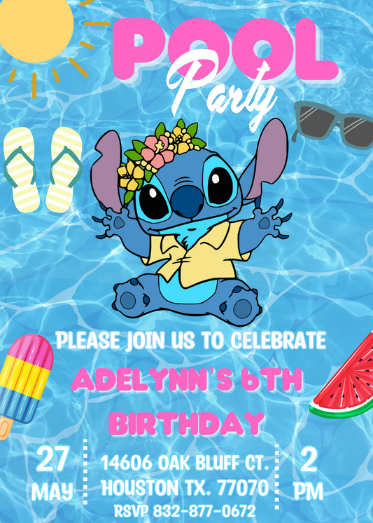 Stitch Pool Neon Hawaiian Birthday Invitation with Thank You Card Set | Tropical Celebration Duo