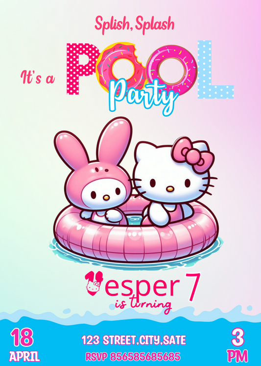 Hello Kitty My Melody Kawaii Pool Birthday Invitation | Sanrio Cute Character Invite"