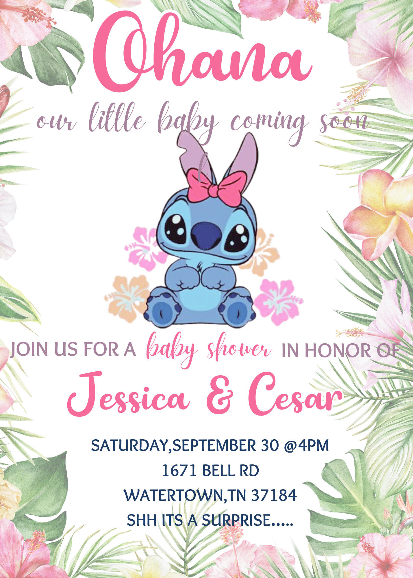 Baby Stitch Baby Shower Invitation | Ohana Tropical Hawaii Theme