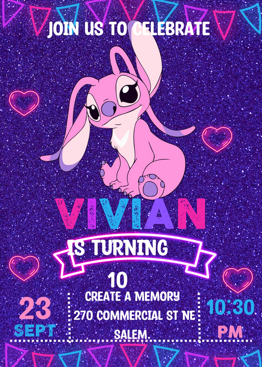 Stitch Angel Glitter Neon Birthday Invitation | Lilo and Stitch Party | Tropical Hawaiian Theme