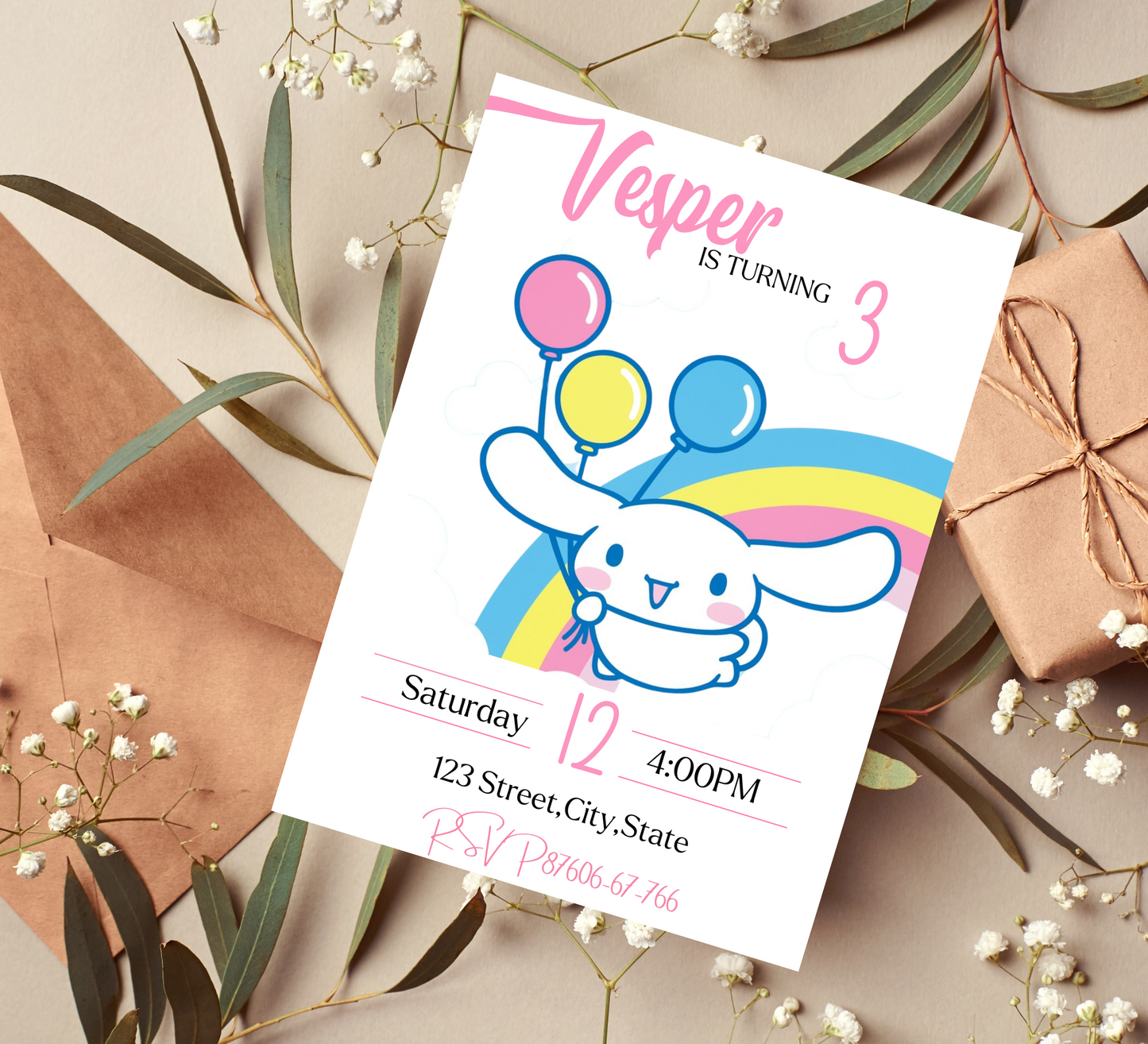 Cinnamoroll Kawaii Birthday Invitation - Adorable Puppy Theme - Digital Download