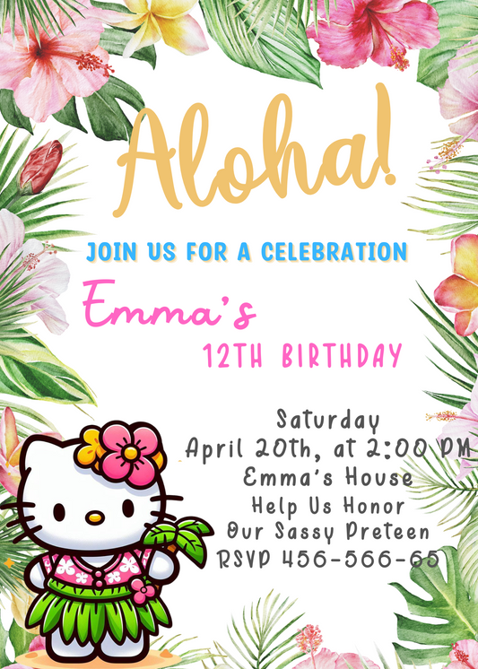 Aloha Ohana: Hello Kitty Tropical Hawaiian Birthday Invitation for a Hawiian Luau Celebration