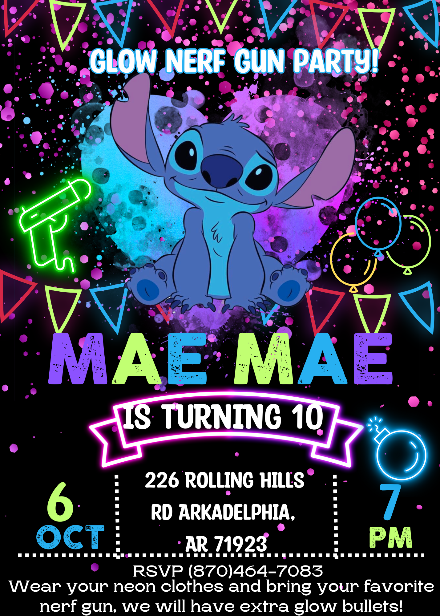 Stitch Neon Nerf Gun Birthday Invitation | Lilo & Stitch Party Invite | Vibrant Nerf Battle Theme