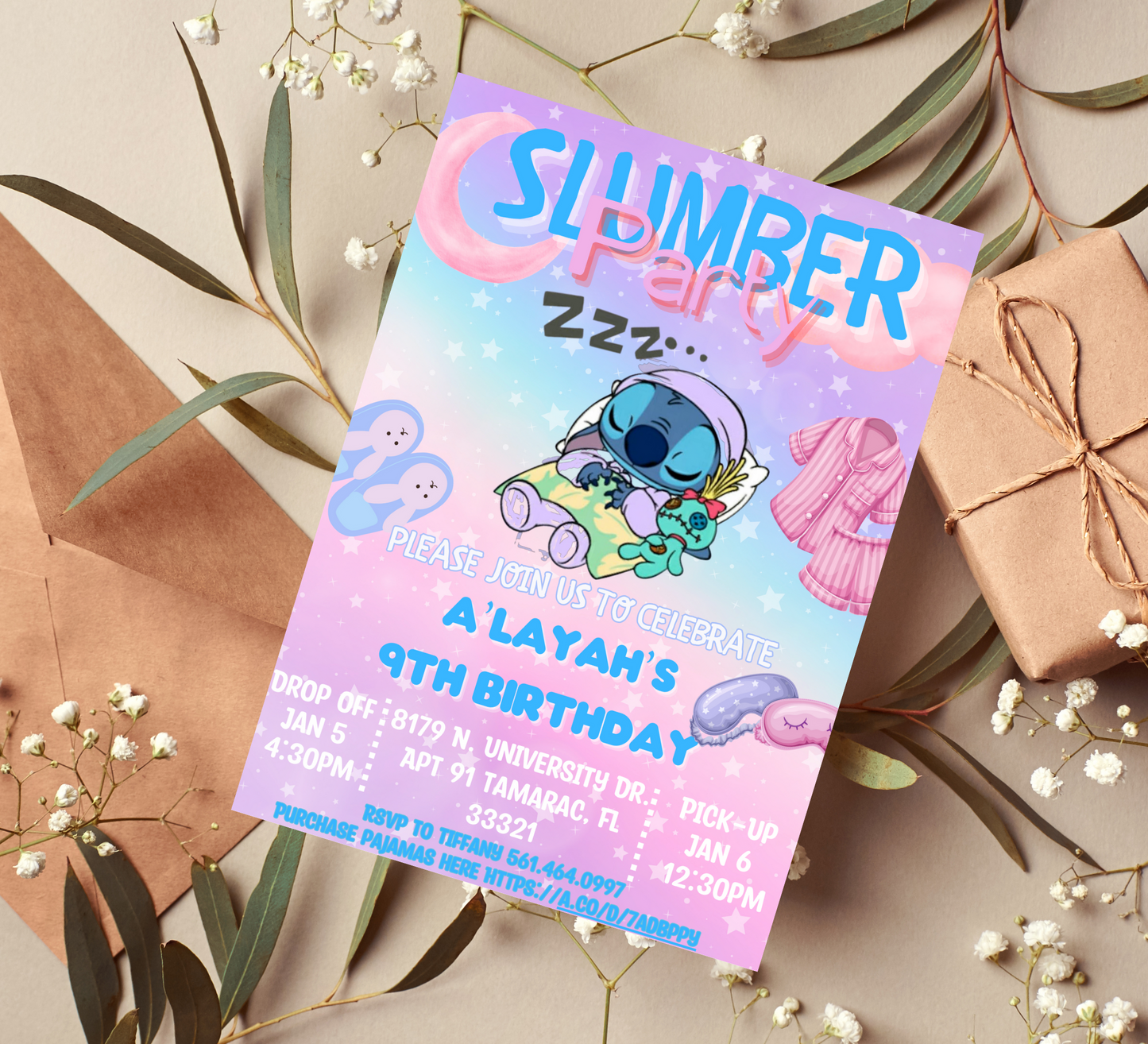 Stitch Slumber & Lilo Birthday Invitation | Tropical Hawaiian Sleepover Party