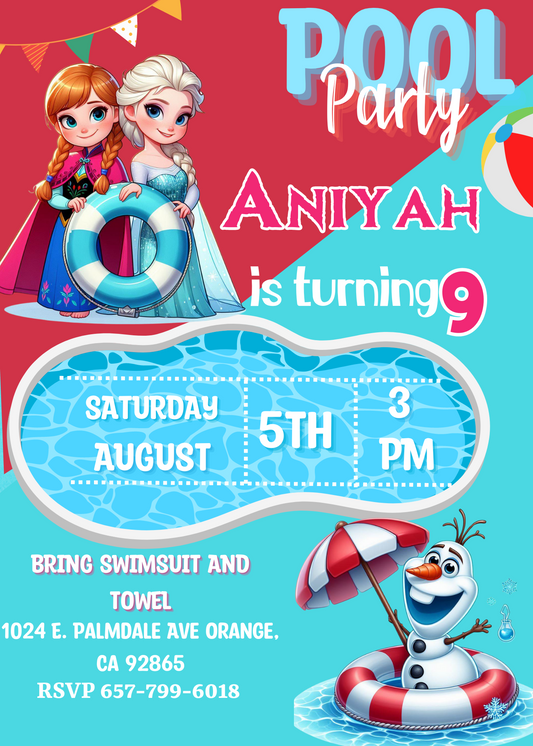 Frozen Ana Elsa Olaf Pool Birthday Invitation - Digital Printable - Editable - Customizable - Instant Download"