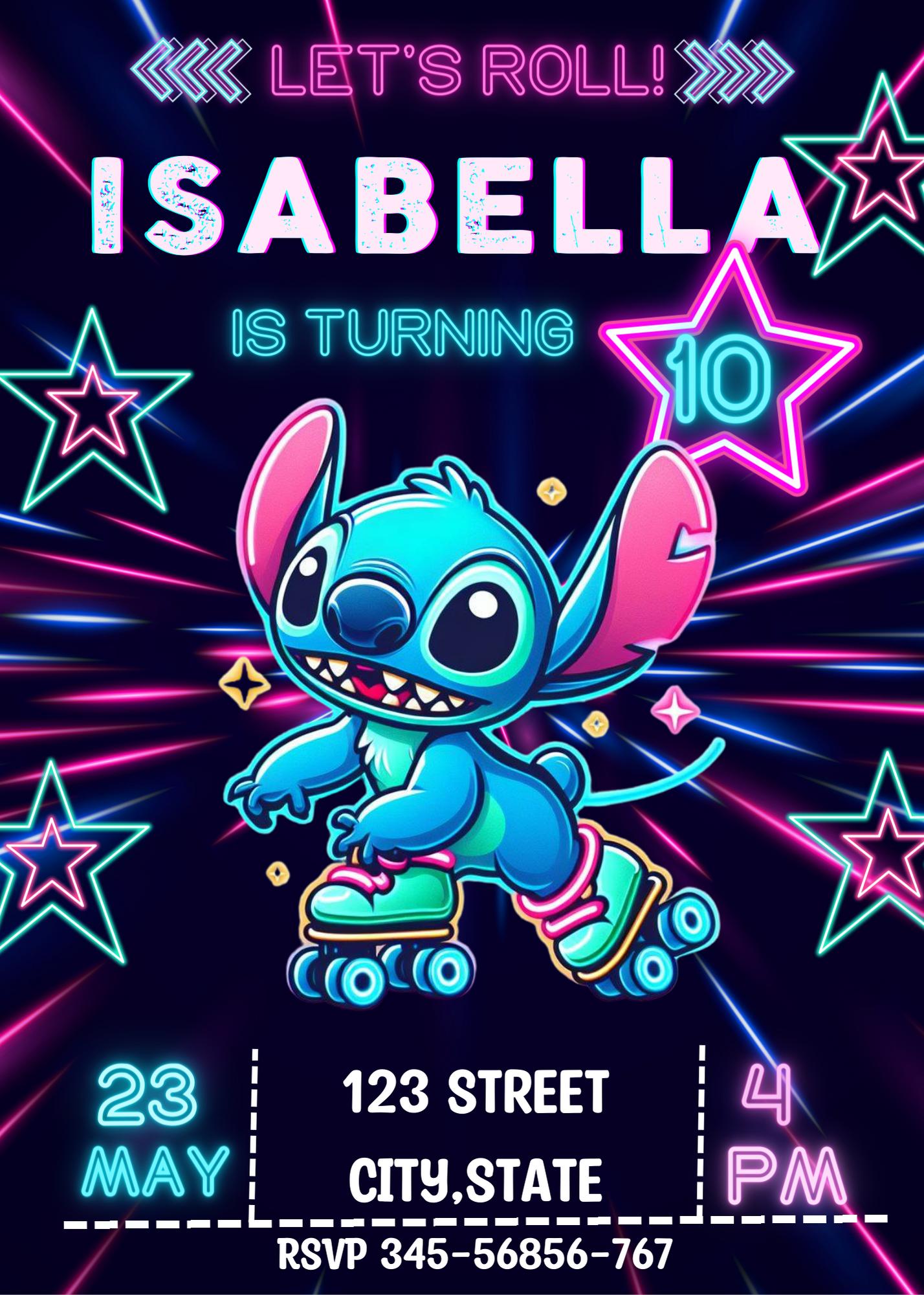 Stitch Neon Roller Skater Birthday Invitation: Roll into Fun!