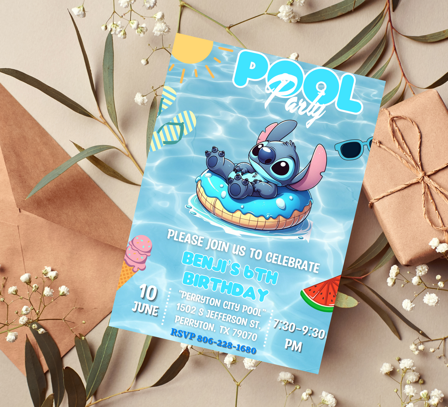 Stitch Pool Birthday Invitation - Fun Cartoon Style Lilo & Stitch Theme - Vibrant Tropical Celebration Invite