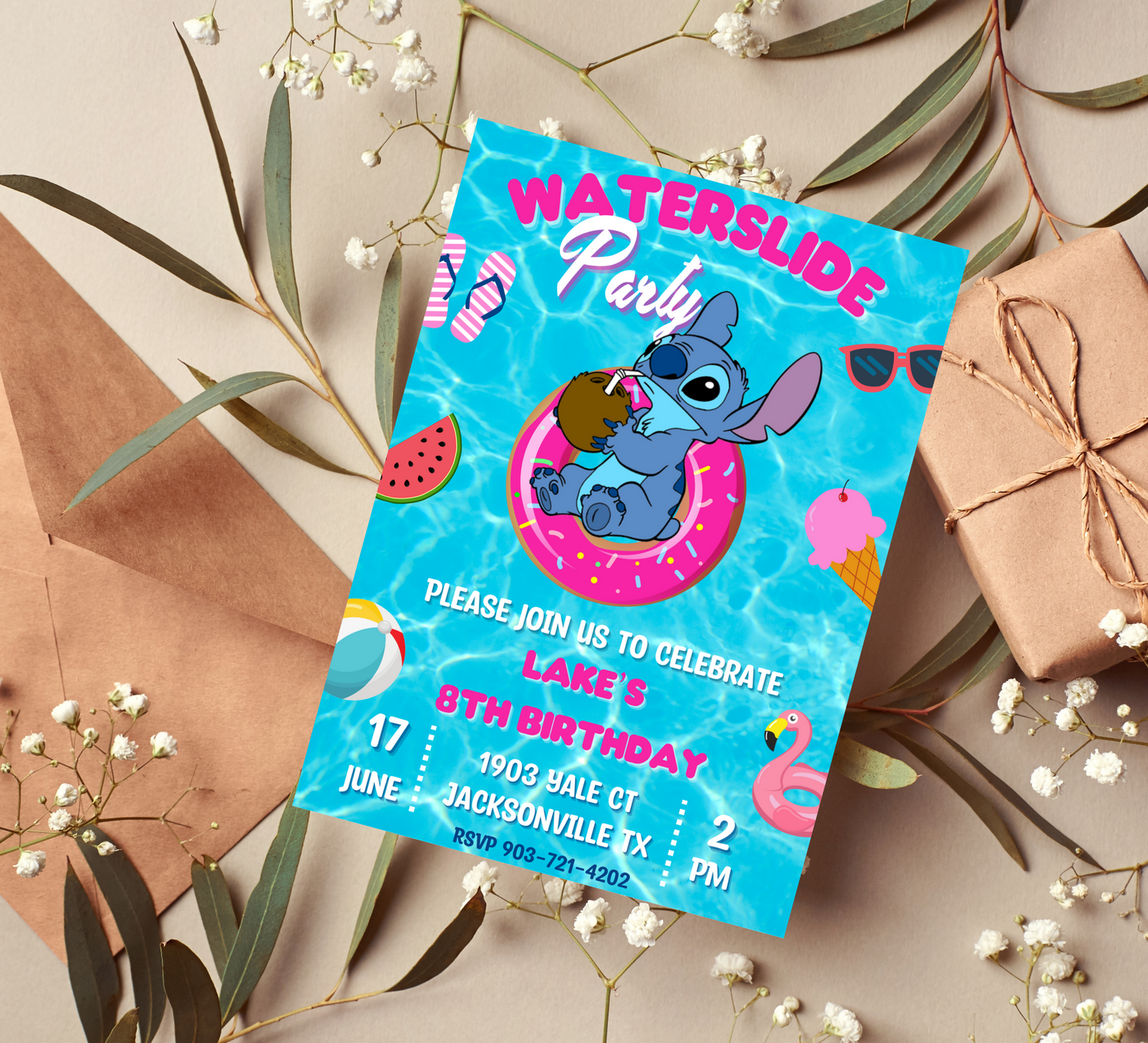 Stitch Pool Waterslide Birthday Invitation & Thank You Card Set | Summer Splash Celebration Duo