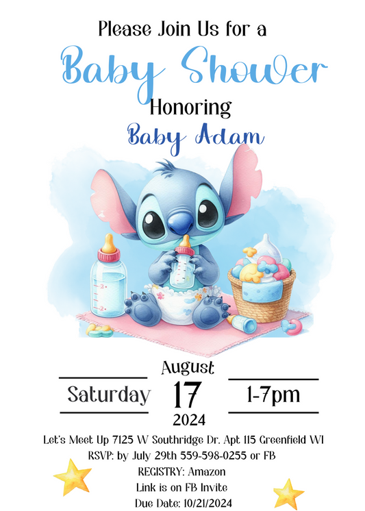 Stitch Watercolor Blue Baby Shower Invitation | Printable Canva Template