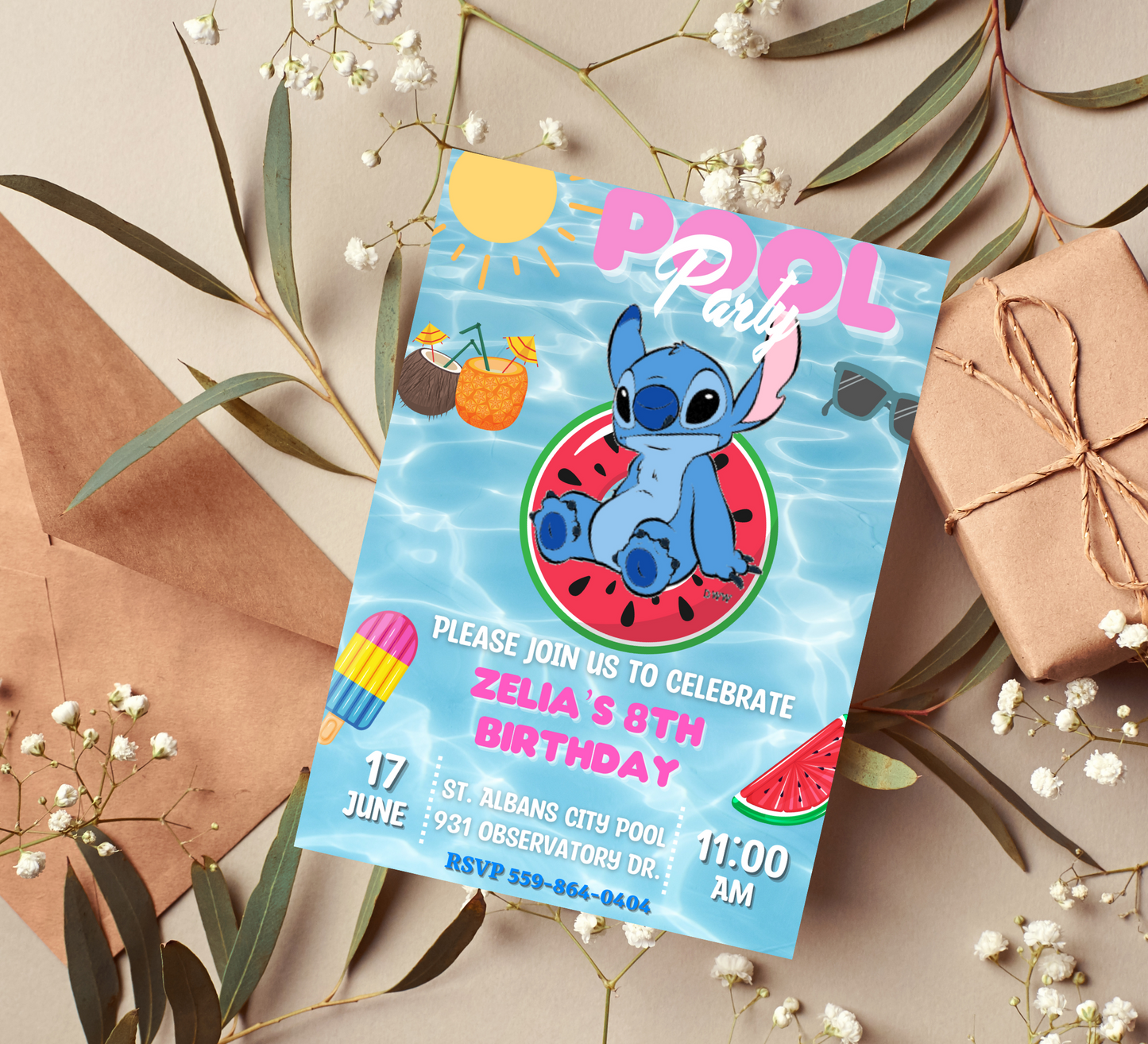 Stitch Pool Birthday Watermelon Invitation with Birthday Card Set | Tropical Celebration Duo