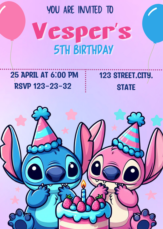 Stitch and Angel Birthday: Purple Pink Invitation - Lilo Stitch Vibrant, Fun-filled Celebration for Your Little One's Special Day