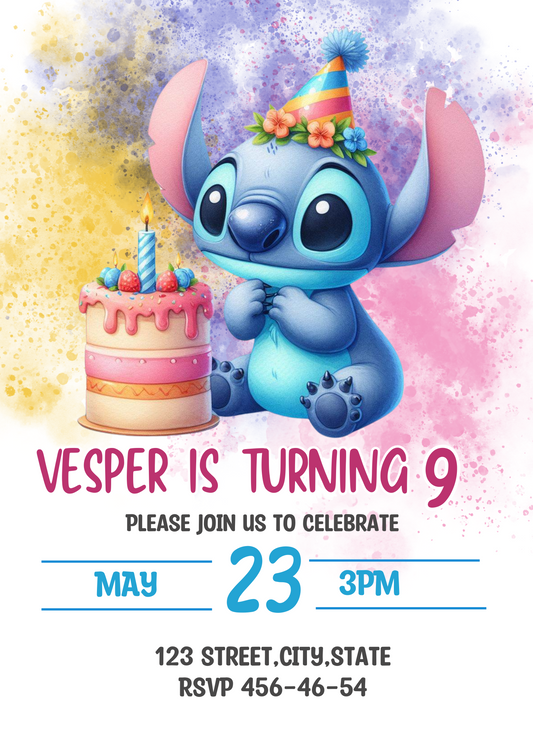 Editable Watercolour Stitch Birthday Invitation and Favor Tag Template, Canva Editable Birthday Invitation, Lilo Stitch Angel Birthday Party Invitation