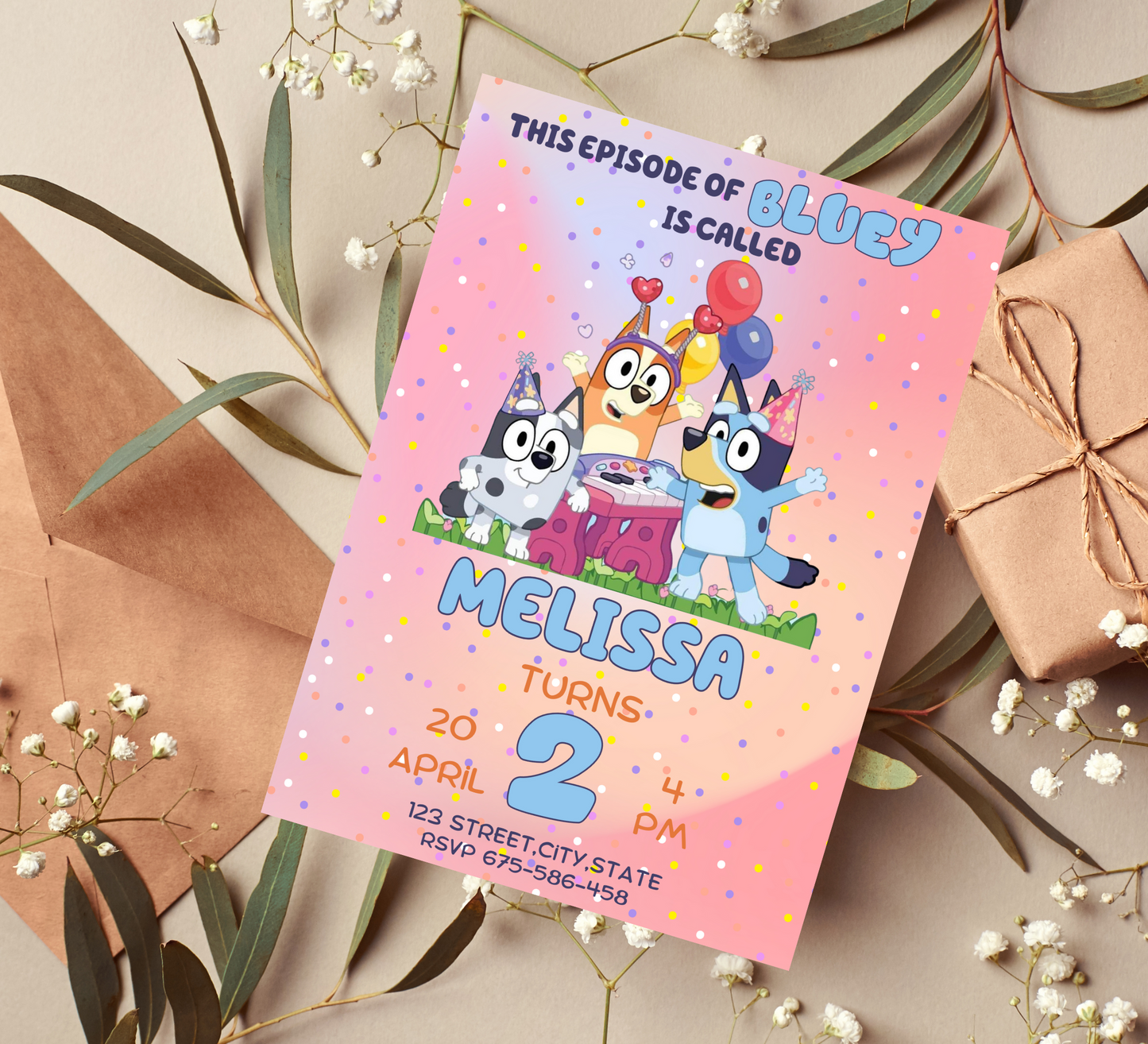 Bluey Pink Birthday Invitation - Custom Bluey and Bingo Birthday Invite - Personalized  Bluey Party Invitation