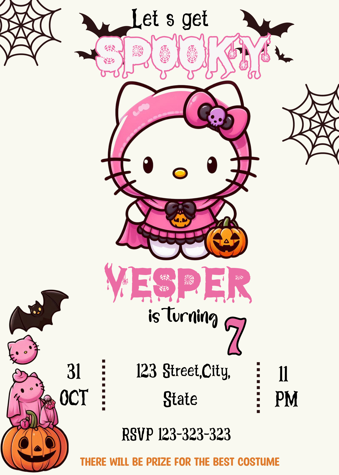 "Hello Kitty Pink Halloween Birthday Invitation - Customizable Digital Girls Party Invite