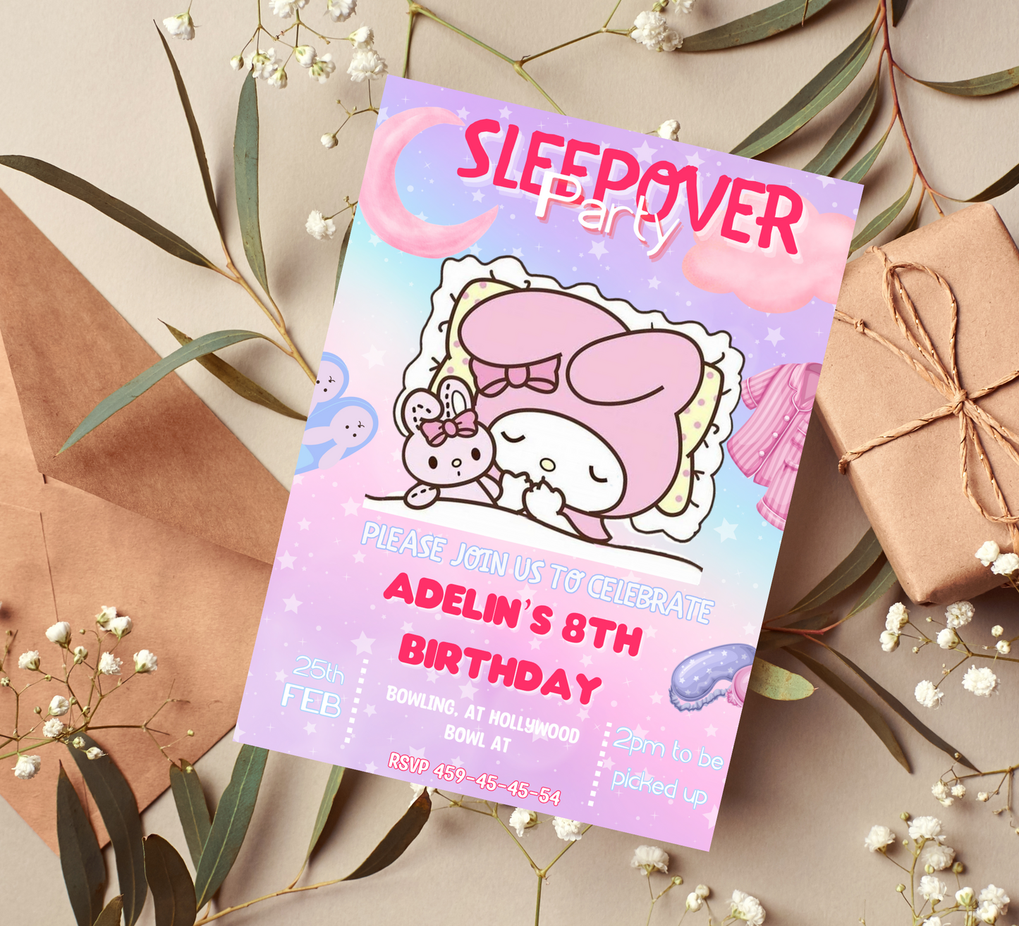 "My Melody Kawaii Sleepover Birthday Invitation - Pink and White Bunny Theme - Editable Digital Download"