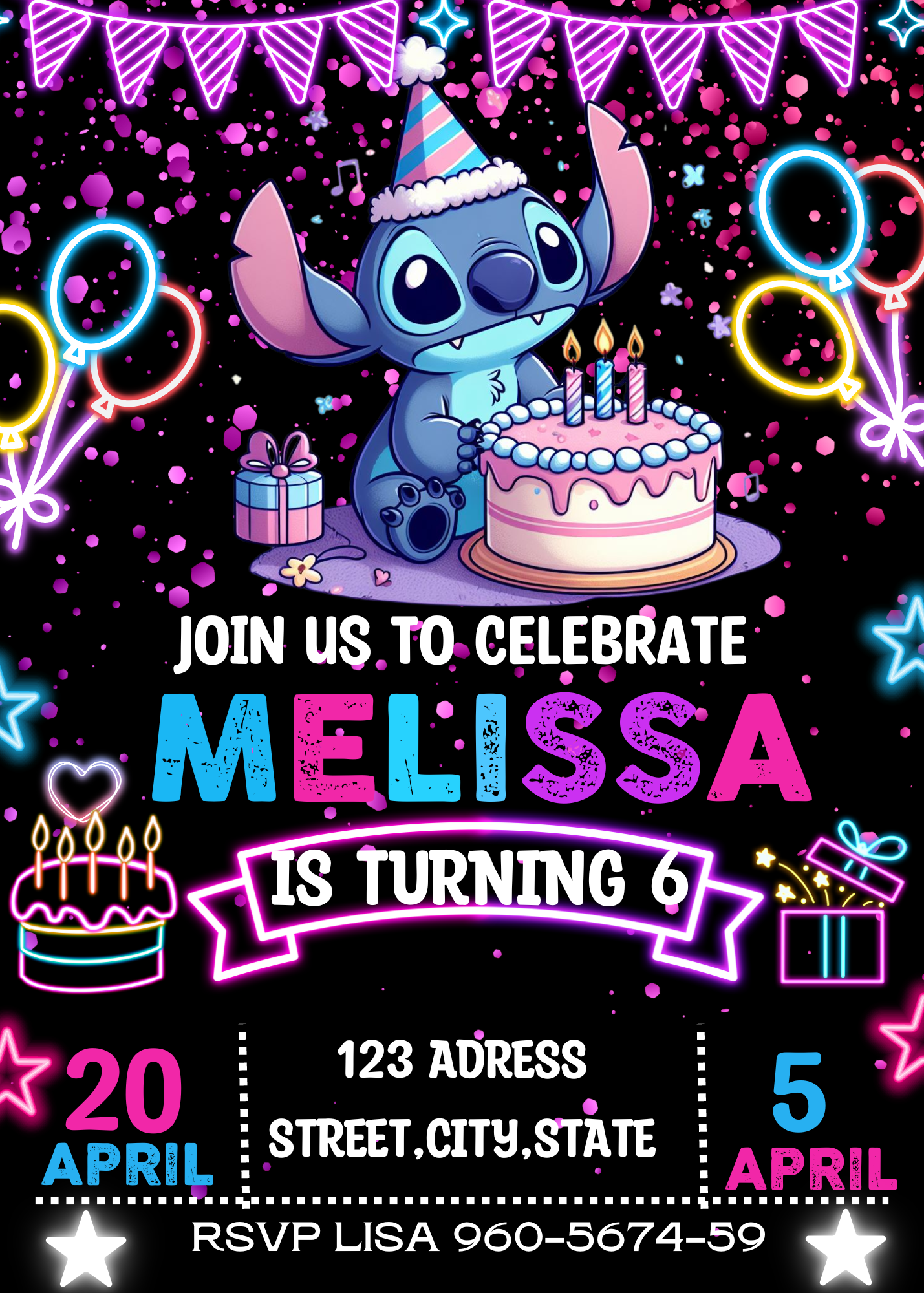 Stitch Neon Glow Birthday Invitation | Lilo & Stitch Party Invite | Customizable Digital Template