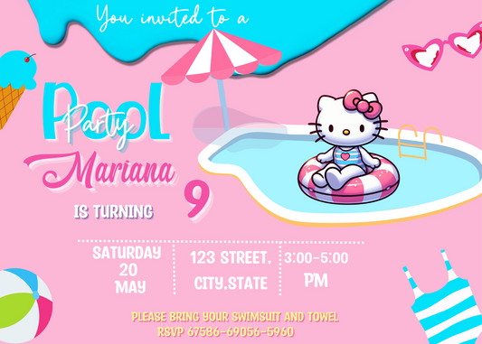 Hello Kitty Pool Birthday Invitation | Kawaii Birthday Party Invite"