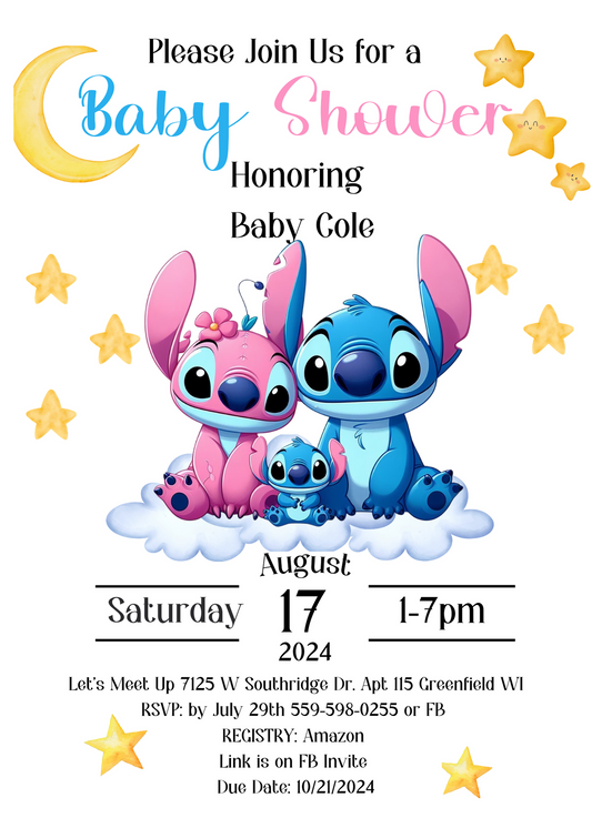 Stitch and Angel Baby Shower Cloud Invitation - Ohana Tropical Hawaiian Theme - Digital Download