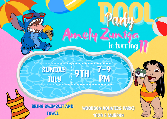 Stitch and Lilo Pool Birthday Horizontal Invitation | Tropical Luau Celebration"