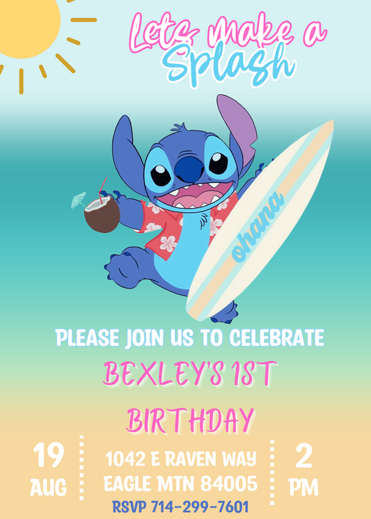 Stitch Splash Surf Ohana Birthday Invitation | Tropical Celebration