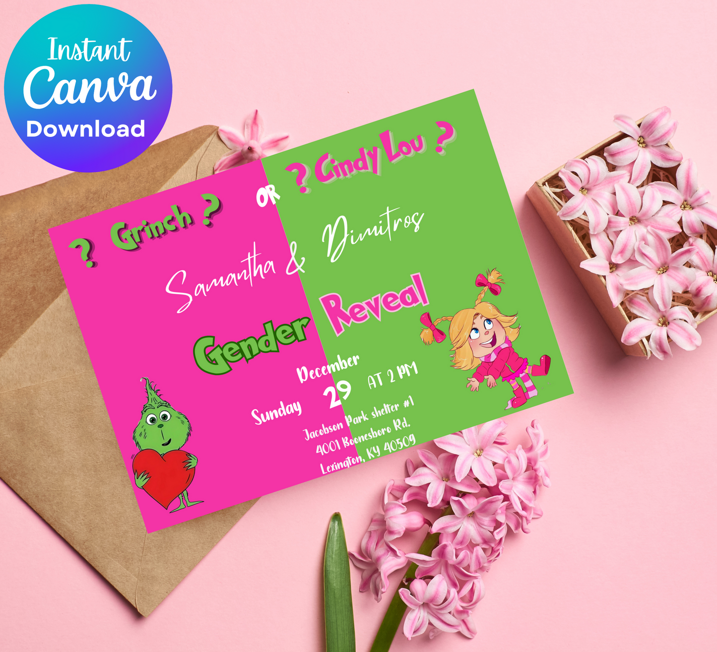 Cindy Lou Who Gender Reveal Invitation | Pink Green Baby Shower | Grinch Theme