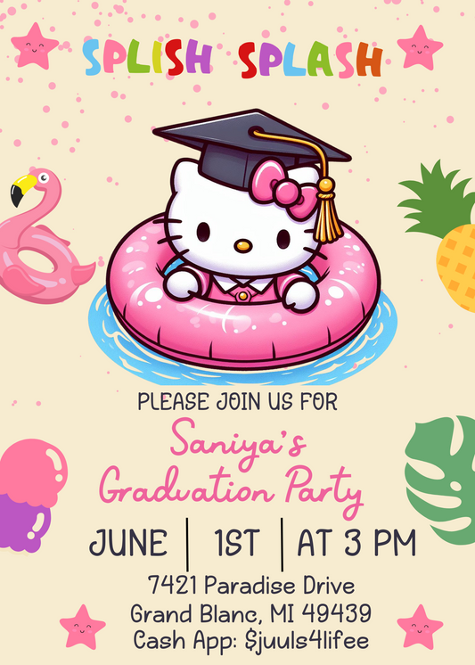 Hello Kitty Graduation Pool Party Invitation - Kawaii Kitty Celebration - Customizable Digital Download"