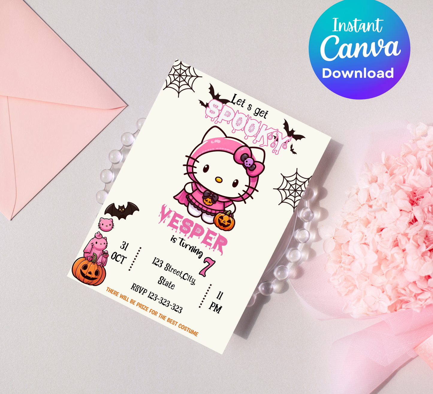 "Hello Kitty Pink Halloween Birthday Invitation - Customizable Digital Girls Party Invite