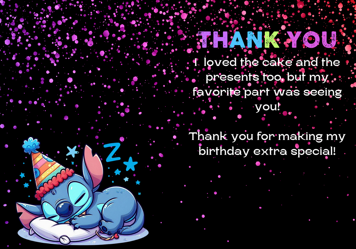 Stitch Sleepover Neon Birthday Thank You Card | Lilo and Stitch Party Appreciation Note | Vibrant and Fun Sleepover Theme