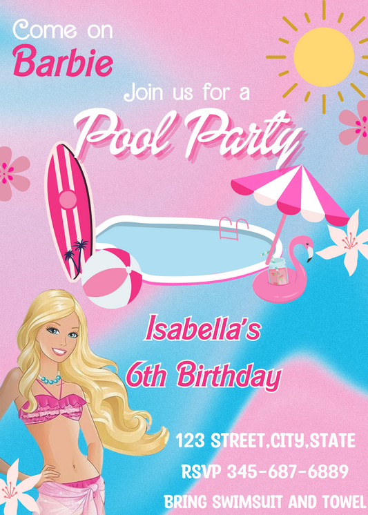 Barbie Pool Birthday Party Invitation - Pink Splash Celebration